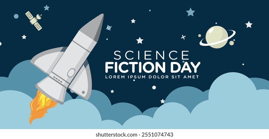 Banner design template for National Science Fiction Day. Immerse in futuristic visuals with this captivating vector illustration for Sci-Fi Celebration