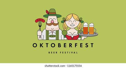 Banner design template to Oktoberfest festival. Male and girl wearing Bavarian dress dirndl. Flat vector illustration