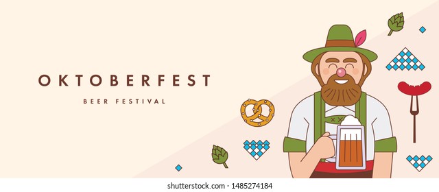 Banner design template to Oktoberfest festival. Man wearing Bavarian costume dirndl. Flat vector illustration