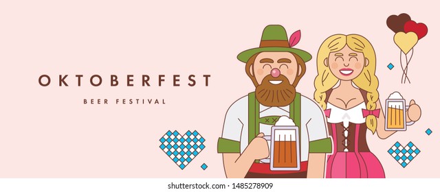 Banner design template to Oktoberfest festival. Man and girl wearing Bavarian dress dirndl. Flat vector illustration