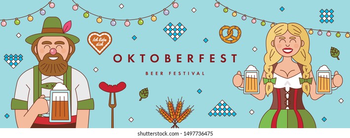 Banner design template to Oktoberfest festival. Man and girl wearing Bavarian dress dirndl. Flat vector illustration