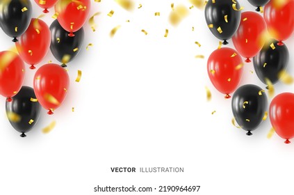 Banner design template with realistic red and black helium balloons, falling golden confetti and blank space in the center. Vector illustration