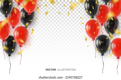 Banner design template with realistic red and black helium balloons, falling golden confetti and blank space in the center. Realistic vector illustration isolated on transparent background