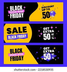 Banner Design Template Set Black Friday with Black Blue Pink Yellow Color print, digital, sales