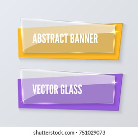 Banner design template. Set of realistic vector abstract transparent glass banners. Shiny glass palate over color rectangle