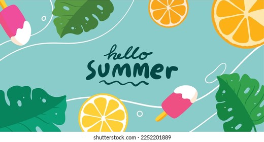 Banner design template of summer holiday with orange, ice cream and tropical leaf ornament