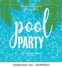 Banner design template for summer pool party event with blue water and exotic tree palm leaves on the background. Vector illustration in flat style for web social media posts and advertisement.