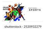 banner design template with the theme national sports day celebration with illustrations of athletes from soccer, badminton, basketball, base ball, weightlifting. National sports competition concept