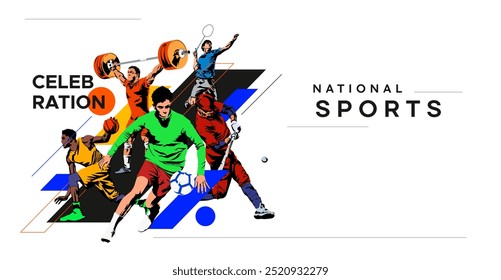 Plantilla de diseño de Anuncio con el tema Celebración del Día Nacional del Deporte con ilustraciones de atletas de fútbol, bádminton, baloncesto, pelota base, levantamiento de pesas. Concepto de competición deportiva nacional