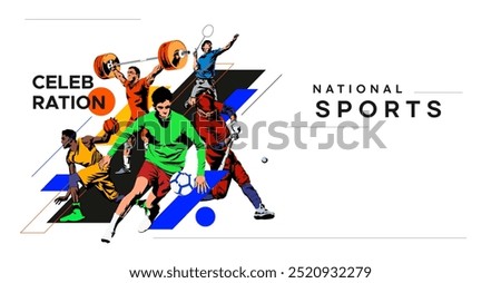banner design template with the theme national sports day celebration with illustrations of athletes from soccer, badminton, basketball, base ball, weightlifting. National sports competition concept