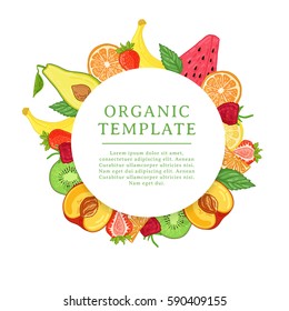 Banner design template with tropical fruit decoration. Round frame with the decor of healthy, juicy fruit. Card with space for text on the background natural summer vegetarian food. Vector.