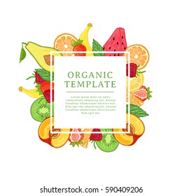 Banner design template with tropical fruit decoration. Square frame with the decor of healthy, juicy fruit. Card with space for text on the background natural summer vegetarian food. Vector.