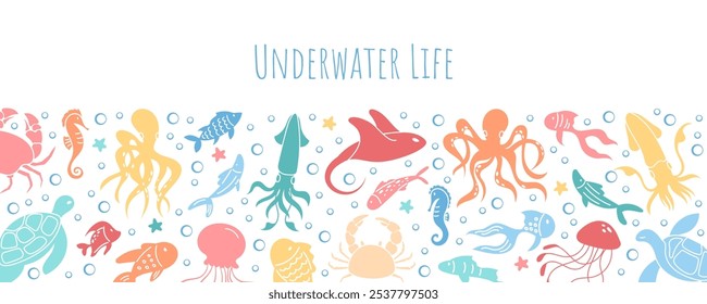 Banner design template with underwater animals like jellyfish, octopus, and sea turtle amongst marine vegetation. Ocean life scene background with vibrant water reef and sea creatures in a vector set.