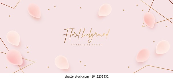 Banner design template. Vector illustration of realistic tulip petals and golden elements. Floral background for poster, cover, booklets, wedding invitation