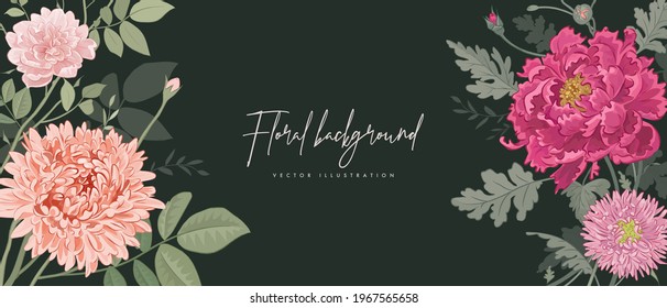 Banner design template. Vector illustration of beautiful hand drawn flowers and leaves. Floral horizontal background for poster, cover, booklets, wedding invitation