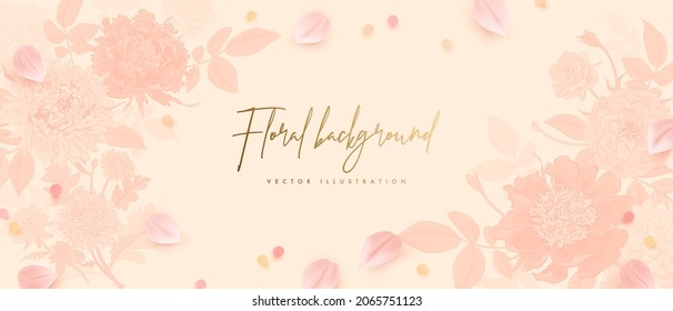 Plantilla de diseño de pancartas. Ilustración vectorial de pétalos tulipales realistas y elementos dorados. Fondo horizontal floral para afiches, portada, folletos, invitación a la boda