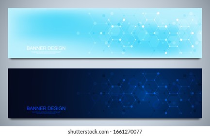 Banner design templates and headers for site with molecular structures background and chemical engineering. Science, medicine and innovation technology concept.
