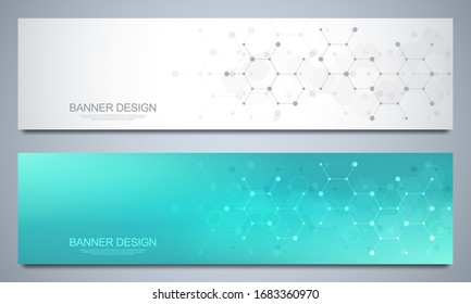 Banner Design Templates And Headers For Site With Molecular Structures Background And Chemical Engineering. Science, Medicine And Innovation Technology Concept.