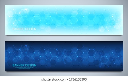 Banner design templates and headers for site with molecular structures background and chemical engineering. Science, medicine and innovation technology concept.