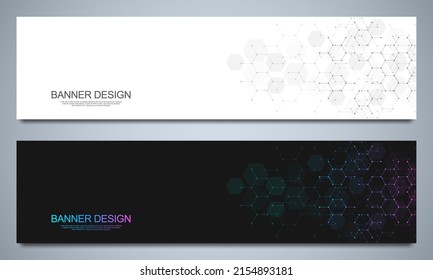 Banner design templates and headers for site with molecular structures background and chemical engineering. Science, medicine and innovation technology concept.