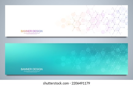 Banner-Design-Vorlagen und Header für Standorte mit molekularem Hintergrund und chemischer Technik. Konzept der Wissenschaft, Medizin und Innovationstechnologie.