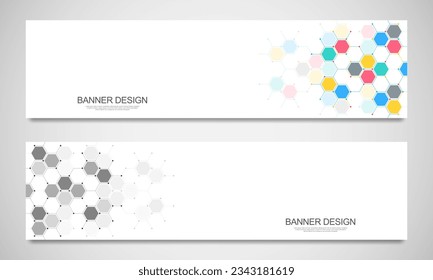 Banner design templates and headers for site with molecular structures background and chemical engineering. Science, medicine and innovation technology concept.