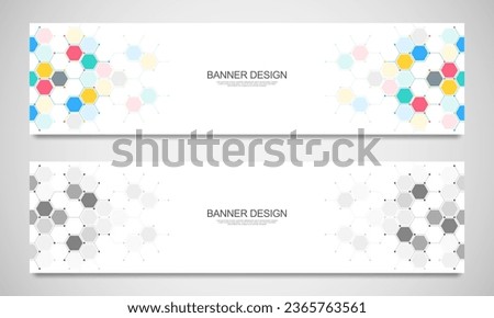 Banner design templates and headers for site with molecular structures background and chemical engineering. Science, medicine and innovation technology concept.