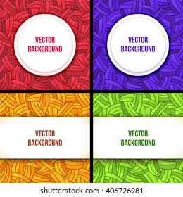 Banner design templates set with circle and square white paper frames. Brochure layouts collection. Colorful abstract vector backgrounds with stripes and copyspace 