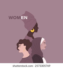 Banner design with three different women for International Women's Day. Concept of girl power, diversity, feminism. Vector illustration