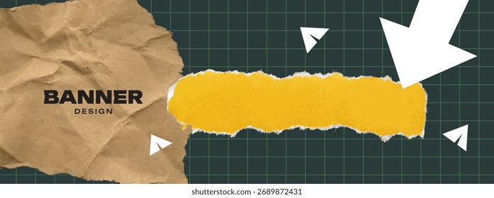 Banner design with torn paper, arrow and paper message airplanes. Collage banner for sale, discount. Back to school. Creative background. Paper texture