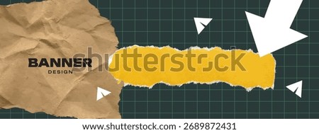 Banner design with torn paper, arrow and paper message airplanes. Collage banner for sale, discount. Back to school. Creative background. Paper texture