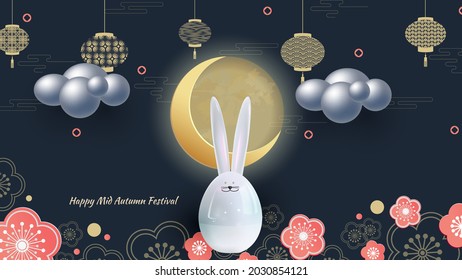 Banner design with traditional Chinese circles patterns representing the full moon, Glossy hare,bright flowers. gold on dark blue. Vector