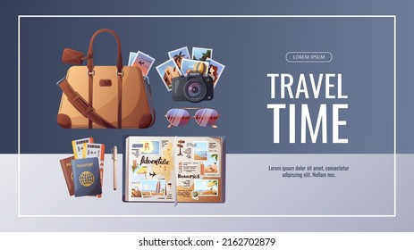 Banner Design With Travel Bag, Passports And Tickets, Camera And Travel Journal. Travel, Tourism, Adventure, Journey Concept. Vector Illustration. Banner, Cover, Flyer Template.