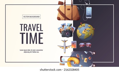 Banner Design For Travel, Tourism, Adventure, Journey. Suitcase, Airplane And Globe, Camera, Travel Journal. Vector Illustration, Flyer, Cover, Banner Template.