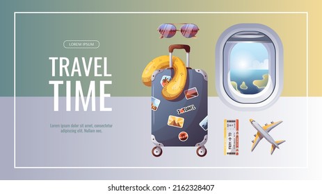 Banner design for travel, tourism, adventure, journey concept. Suitcase, travel pillow, tickets, airplane, porthole. Vector illustration. Banner, cover, flyer template.