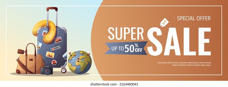 Banner design for travel, tourism, adventure, journey. Suitcase, globe, camera, travel bag. Vector illustration, flyer, cover, banner template.