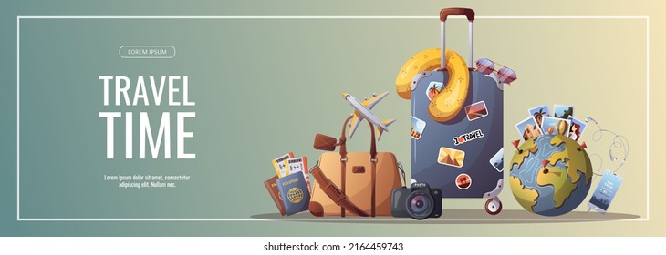 Banner design for travel, tourism, adventure, journey. Suitcase, airplane and globe, camera, travel bag. Vector illustration, flyer, cover, banner template.