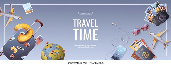 Banner Design For Travel, Tourism, Adventure, Journey. Suitcase, Airplane And Globe, Camera, Travel Journal. Vector Illustration, Flyer, Cover, Banner Template.