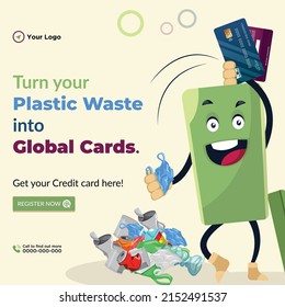 Diseño de pancartas para convertir sus residuos plásticos en plantillas de estilo de dibujos animados de tarjetas globales.