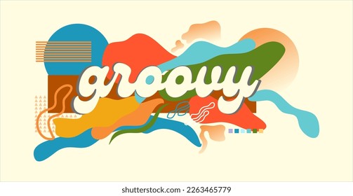 Banner design with typography, made of various colored fluid and geometric shapes. Vector illustration.