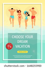 Banner design for vacation, Tourism or travel agency. Young people sunbathing on the beach. A4 Vector illustration for poster, banner, card, commercial, advertisement, flyer.