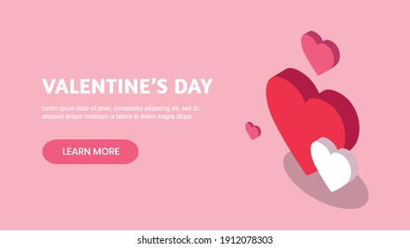 Banner design for Valentine's Day with isometric red, white and pink hearts on pink background. Learn more button for web. - Vector