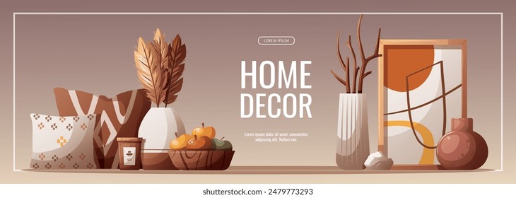 Banner design with vases, pillows, painting, fruits. Interior decor, cozy home concept. Vector illustration for banner, advertising, promo.