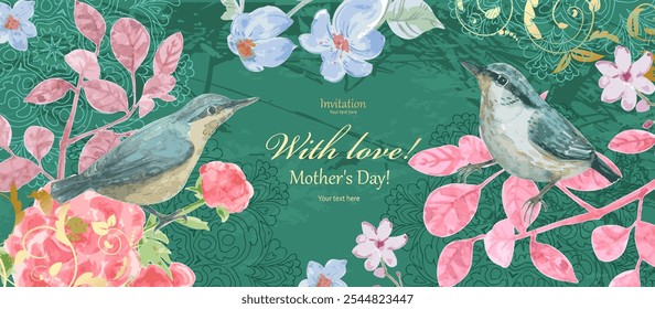 banner design with watercolor painting of birds sitting on colorful leafy branches with flowers against grunge background with arabesque and golden swirl floral ornament