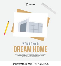 Banner Design Of We Build Your Dream Home Cartoon Style Template.