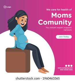 Banner design of we care for the health of moms community. Pregnant woman is sitting on the couch. Vector graphic illustration.