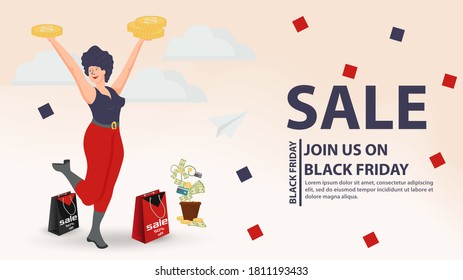 Banner for design design, web pages and mobile apps, Black Friday sale and discounts, girl with raised money coins standing among bags, flat vector illustration
