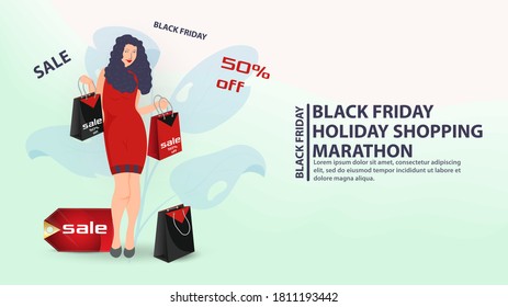 Banner for design, web pages and mobile apps, Black Friday sale and discounts, girl holding shopping bags, flat vector illustration