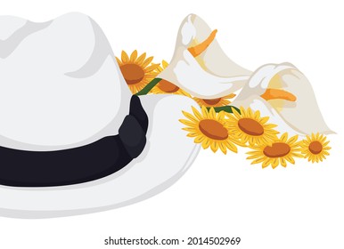 Banner design with white hat and some flowers: beauty calla lilies and yellow daisies, over white background.