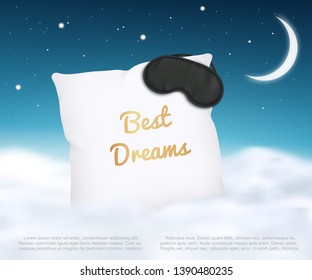 Banner design with white pillow and sleep mask and starry sky realistic style, vector illustration on blue night background with moon and clouds. Best dreams ad poster of soft bedding cushion